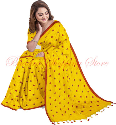 Bhadra Shopping Store Embroidered Handloom Pure Cotton Saree(Yellow)