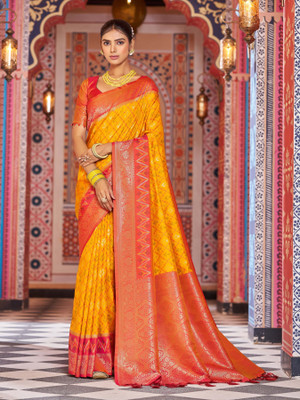 all about you Woven Bollywood Cotton Silk Saree(Yellow)