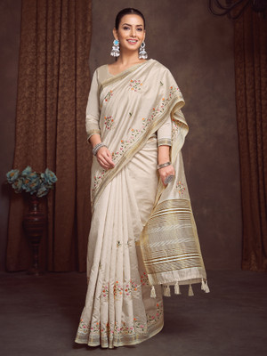 ANOUK Woven Kasavu Linen Saree(Cream)