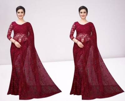 Vragi Self Design Bollywood Net Saree(Pack of 2, Maroon)