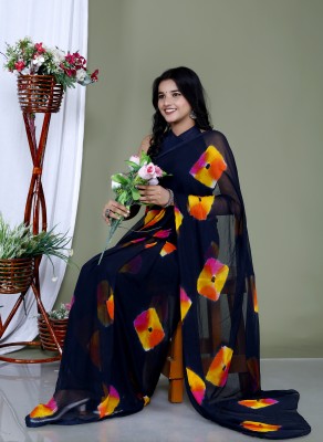 HouseOfCommon Hand Painted, Graphic Print, Woven, Embellished, Digital Print Bollywood Chiffon Saree(Black)