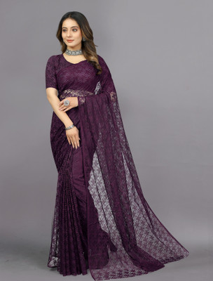 Vidula Self Design Lucknow Chikankari Art Silk, Net Saree(Purple)
