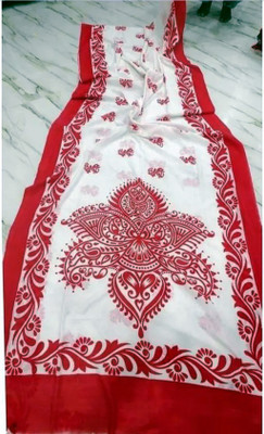 Priyongboda Printed Jamdani Handloom Cotton Blend Saree(Red, White)