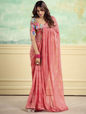 ANOUK Printed Banarasi Georgette Saree(Pink)