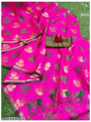 GNSARI Woven Banarasi Cotton Linen Saree(Pink)