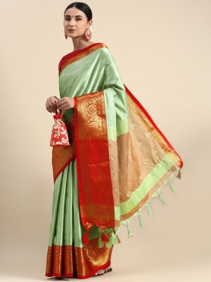 Apnisha Solid/Plain Banarasi Cotton Silk Saree(Light Green)