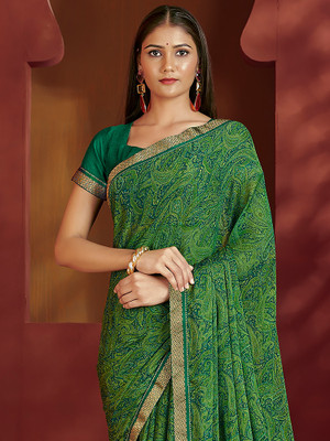 Anouk Rustic Printed Bollywood Chiffon Saree(Green)