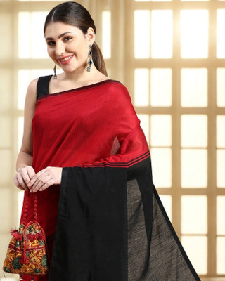 Desh Bidesh Color Block, Self Design, Solid/Plain, Striped Handloom Cotton Blend, Pure Silk Saree(Red)