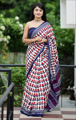 shiv textiles Printed Handloom Pure Cotton Saree(Blue)