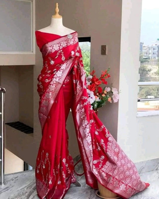 Destination Embroidered Banarasi Pure Silk, Satin Saree(Red)