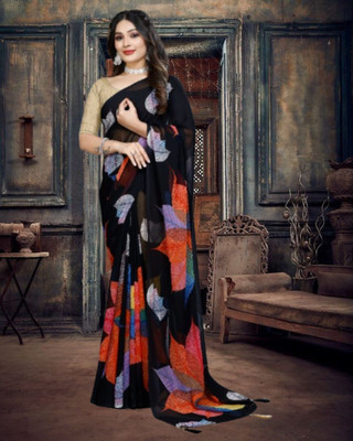 Jayu Printed Bandhani Georgette Saree(Black)