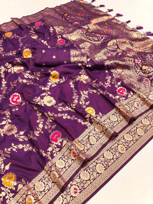 PANZORA Printed Banarasi Cotton Silk Saree(Purple)