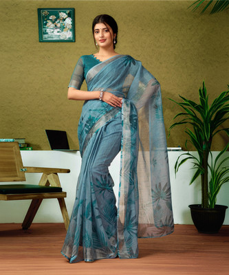 SIRIL Digital Print, Floral Print, Embellished Bollywood Linen Saree(Blue)