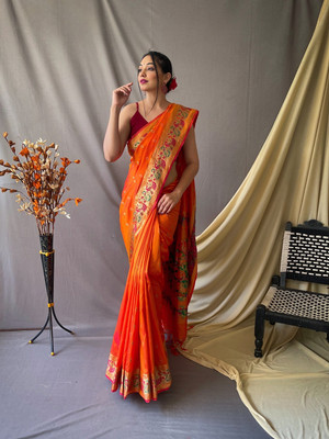 SGF11 Self Design Handloom Pure Silk Saree(Orange)