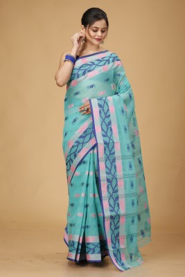 Happy Creation Woven Tant Handloom Pure Cotton Saree(Light Blue)