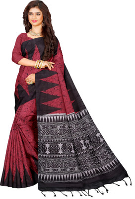 Quetzal Printed, Geometric Print Sambalpuri Pure Cotton Saree(Red, Black)