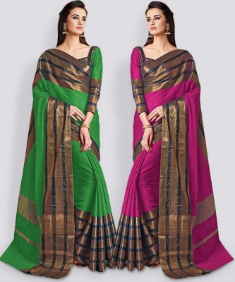 BAPS Self Design, Striped, Woven, Embellished, Solid/Plain Bollywood Cotton Blend, Art Silk Saree(Pack of 2, Green, Pink)