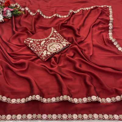 V AMAN FASHION Solid/Plain, Self Design Bollywood Silk Blend Saree(Maroon)