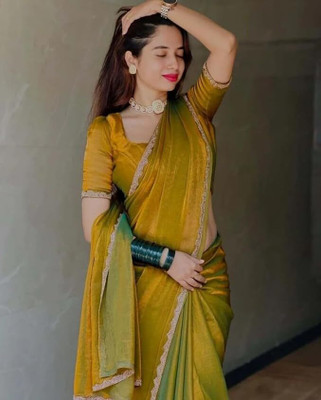 nirmal creation Solid/Plain Saree with Attached Blouse Chiffon Saree(Gold)