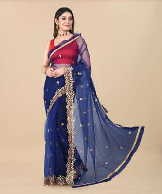 YASHVI Embroidered Bollywood Net Saree(Blue)