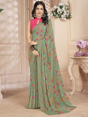 Divastri Printed Bollywood Chiffon Saree(Light Green)