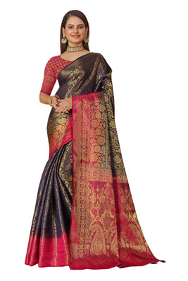 NAKSHCRETION Blocked Printed Banarasi Georgette Saree(Dark Blue)
