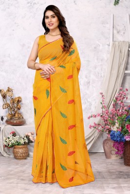 FABMORA Embroidered, Embellished Bollywood Net Saree(Yellow)