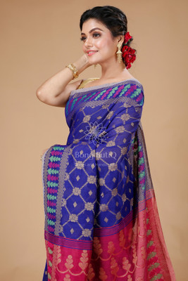 Bong ButiQ Woven Jamdani Handloom Cotton Blend Saree(Blue)