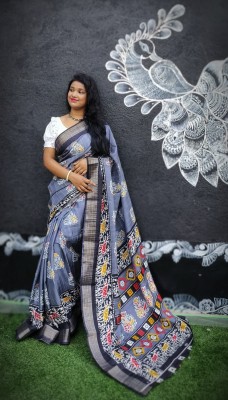 cloud vastra Printed Handloom Tussar Silk Saree(Grey)