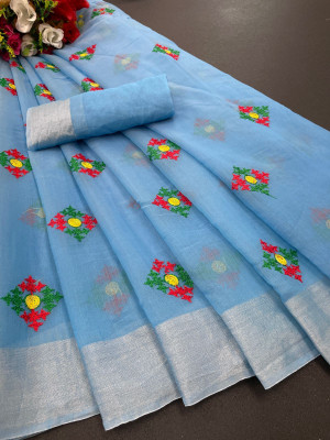 KRIVITY Embroidered Chanderi Cotton Linen Saree(Blue)