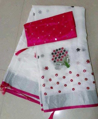 JASHALFAB Printed Bollywood Cotton Linen Saree(White, Pink)