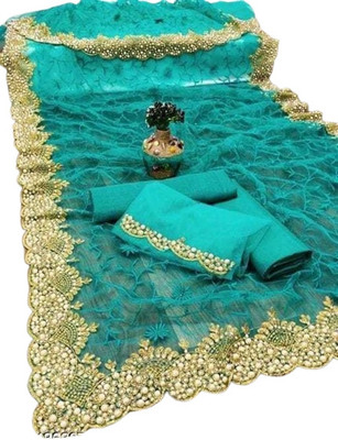 ZIVANTIX Embroidered, Embellished Bollywood Net Saree(Blue)