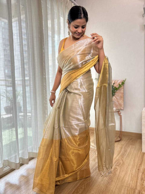 SathiBotique Self Design Handloom Tissue Saree(Beige)