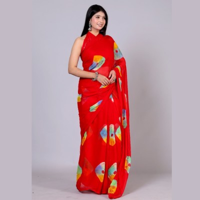 EMMANUEL TRADERS Color Block Leheria Chiffon Saree(Red)