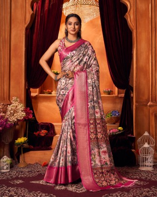 Aadvika Digital Print, Floral Print Bollywood Cotton Linen Saree(Pink, Grey)