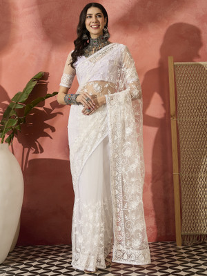 Sangria Embroidered Saree with Attached Blouse Net Saree(White)