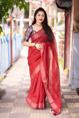 STAVA CREATION Embroidered Bollywood Linen Saree(Red)