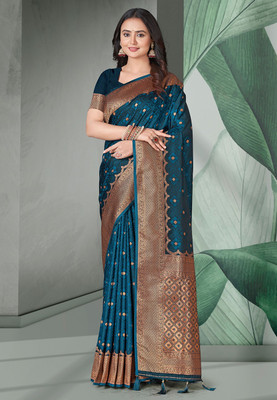all about you Woven Banarasi Silk Blend Saree(Blue)