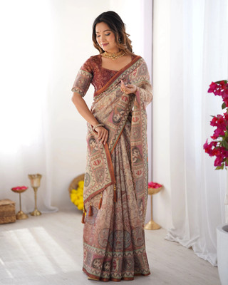 DHAYNAAND REEWA FASHION Digital Print Kalamkari Linen Saree(Multicolor)