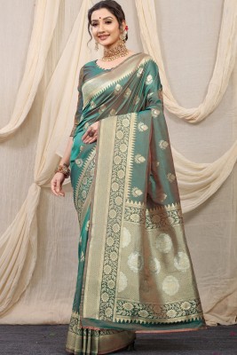 sarjan creation Self Design, Temple Border, Woven, Floral Print Banarasi Jacquard, Pure Silk Saree(Multicolor, Green)