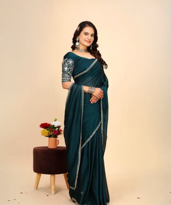 JAHANVI FASHION Floral Print Bollywood Satin Saree(Blue)