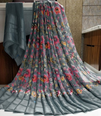 Bombey Velvat Fab Printed, Solid/Plain Kovai Mulmul, Chiffon Saree(Grey, Pink)