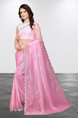 JSItaliya Embellished Bollywood Net Saree(Pink)