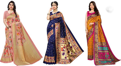 YASHIKA Woven Bhagalpuri Art Silk Saree(Pack of 3, Pink, Dark Blue, Yellow)