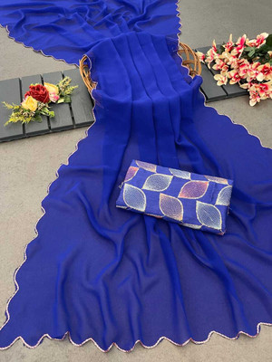 ZENFAB THREADS Solid/Plain Bollywood Georgette Saree(Blue)