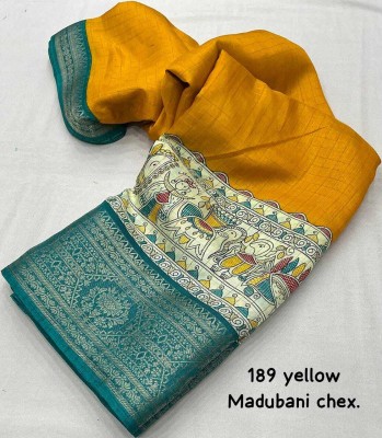 Dhanlaxmi CreationLLP Printed, Checkered Madhubani Cotton Silk, Crepe Saree(Mustard)