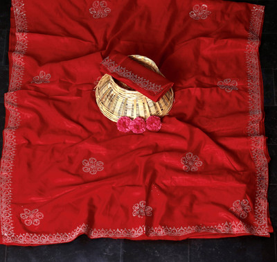 riyanshi fashion Embellished, Solid/Plain, Self Design Bollywood Pure Silk Saree(Red)