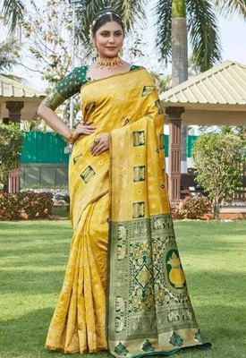 KAKADIYA CREATION Woven Bollywood Chiffon Saree(Gold)
