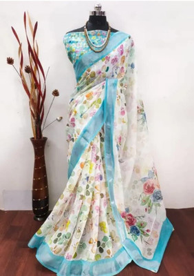 Grubstaker Digital Print Bollywood Linen Saree(White)