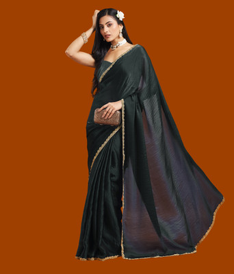 Croza Solid/Plain Chanderi Chiffon, Tussar Silk Saree(Black)